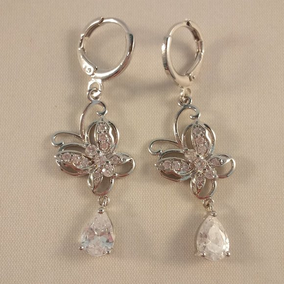18K White Gold Filled Luxury Butterfly Diamond Zircon Dangle Earrings 1.25 each - Picture 2 of 3